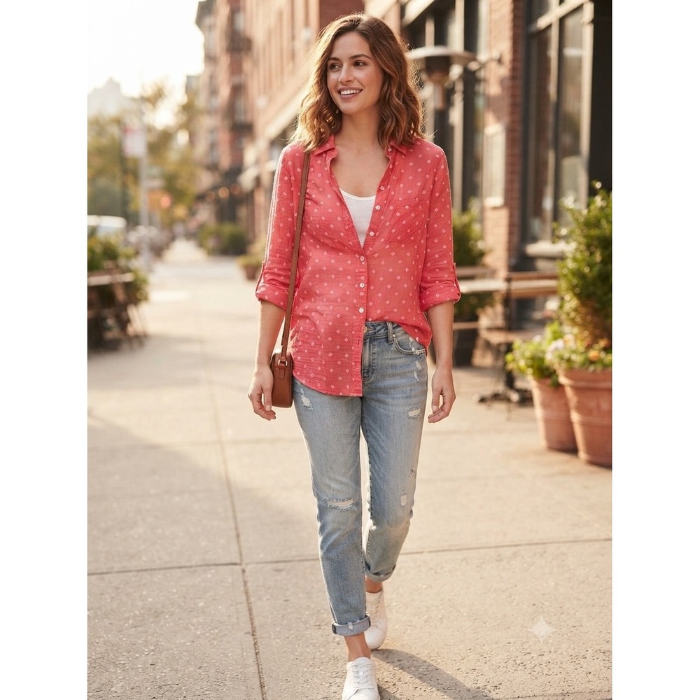 Ann Taylor Loft The Softened Shirt Women's M Coral Geometric Dobby Dot